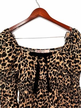 Miss Selfridge Leopard Print Smocked mini dress with Velvet Tie